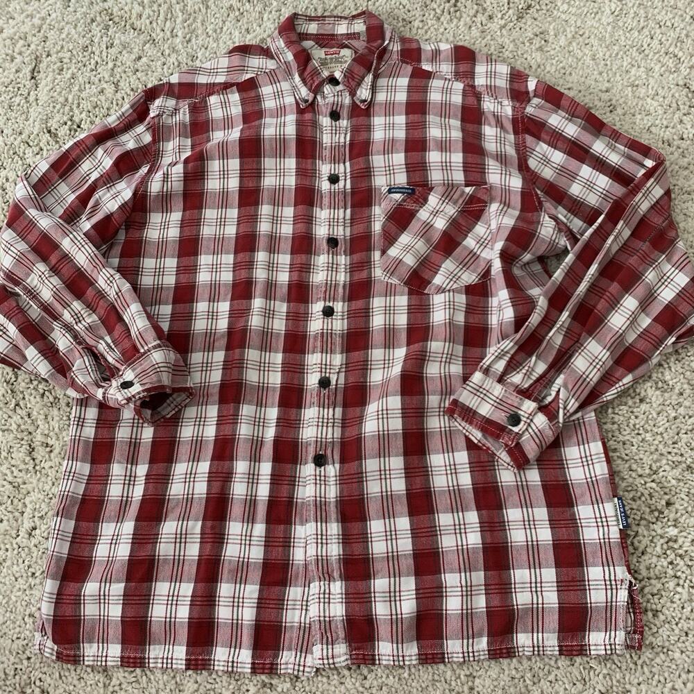 Vintage Levi’s Jeans Shirt Mens Large Red Plaid Woven Pockets Button Up 90s